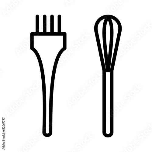Hairdresser brush and hair dye mixing whisk isolated outline icon. Vector plastic color mixing whisk and brush tool for hair bleaching and coloring
