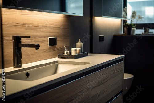 Dark wooden bathroom interior with sink and mirror.