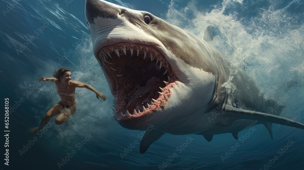 Giant shark attacks woman swimming with mouth open. generative AI Stock