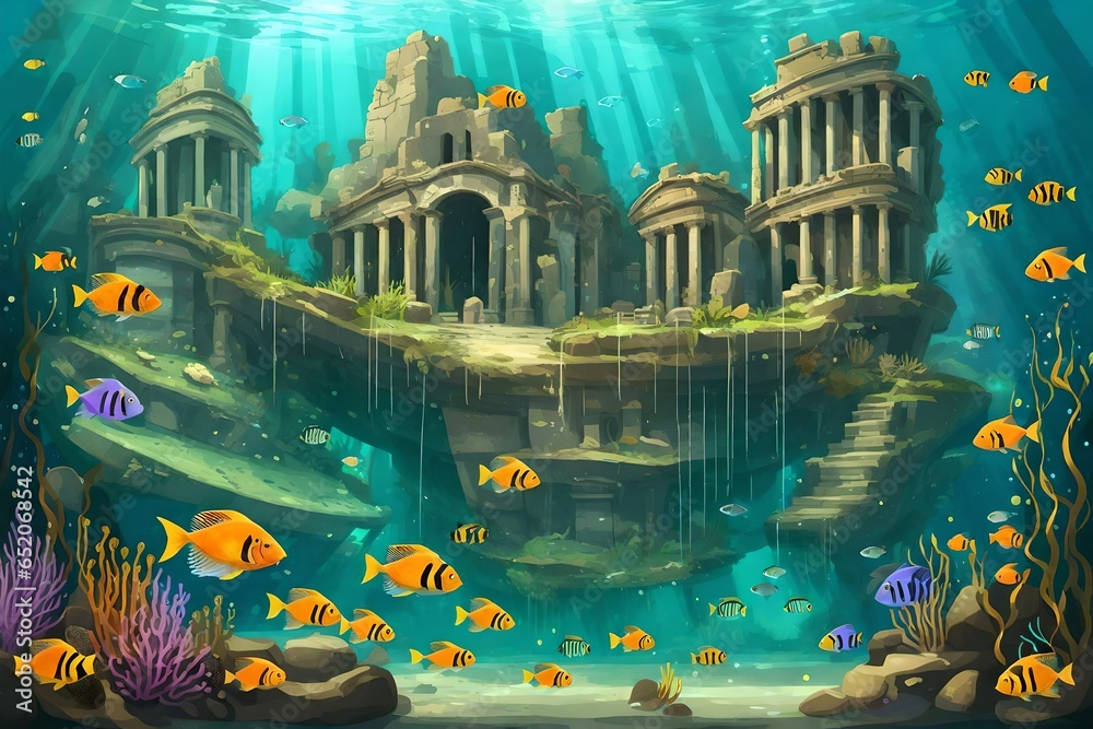 Underwater city ruins with schools of tropical fish
