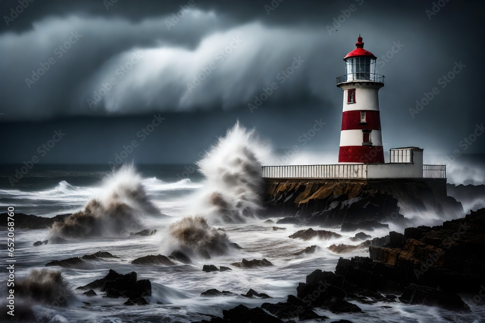 Deserted coastal lighthouse during a raging storm