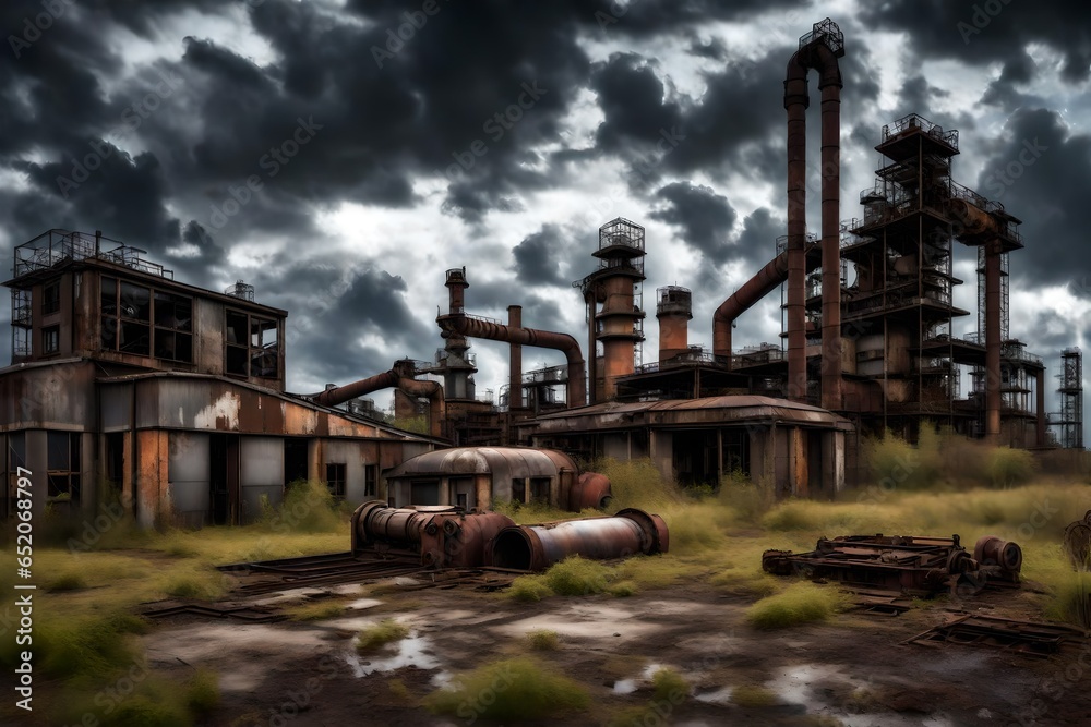 Abandoned industrial complex with rusty machinery under a stormy sky