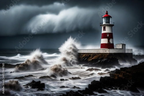 Deserted coastal lighthouse during a raging storm