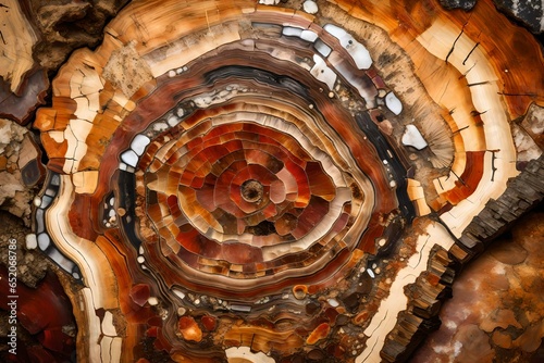 A close-up of a petrified wood cross-section, displaying the unique textures and colors formed over millennia.