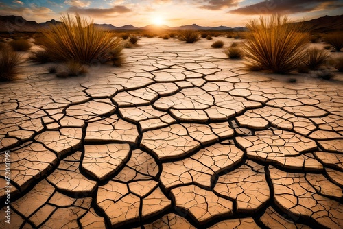 The rough, cracked texture of a dried desert riverbed photo