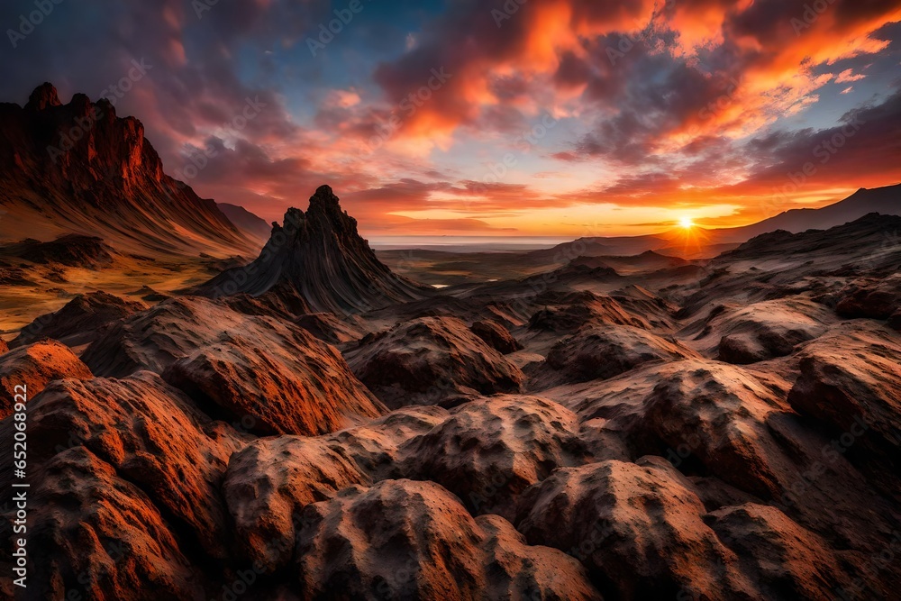 A volcanic rock formation with rugged textures, set against a dramatic sunset sky.