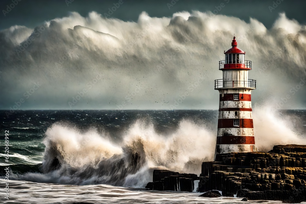 Obraz premium The textured surface of a weathered lighthouse, standing tall against the crashing waves of the sea.