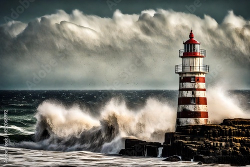 The textured surface of a weathered lighthouse, standing tall against the crashing waves of the sea.