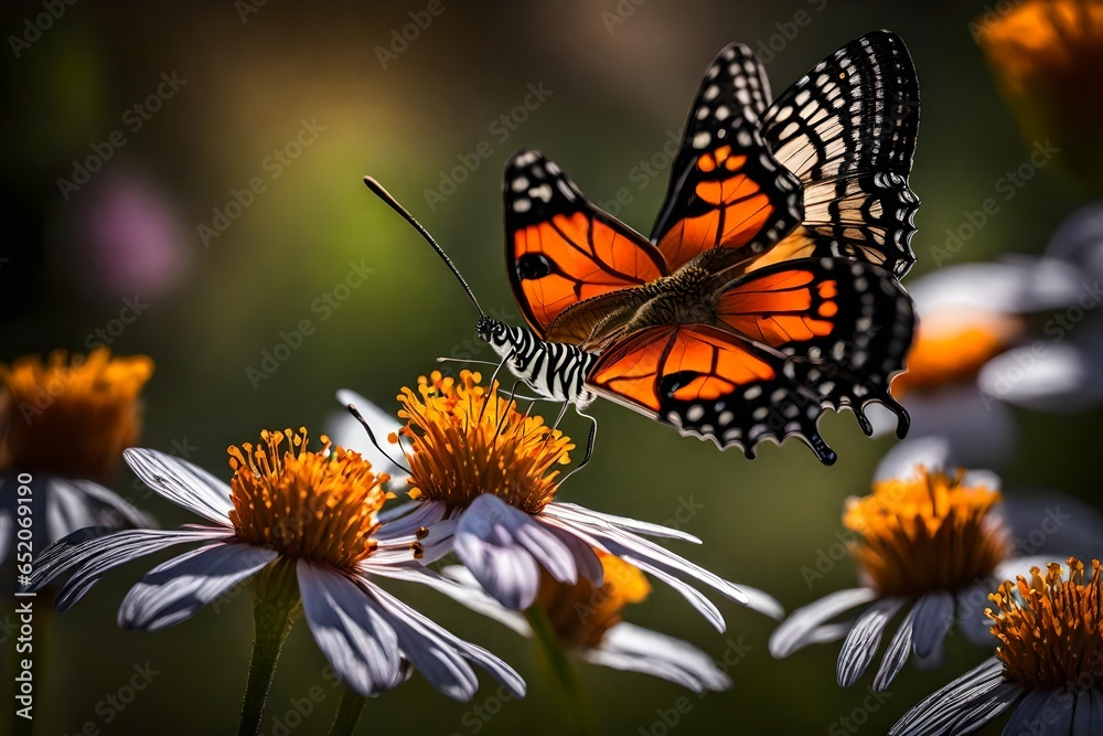 A macro shot of a delicate butterfly perched on a vibrant flower. A macro shot of a delicate butterfly perched on a vibrant flower.