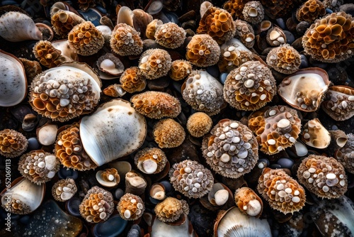 A cluster of barnacles on a rocky shore, showcasing their rough and textured shells.