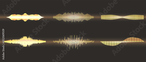 Set Audio waves. Microphone voice and sound recognition. Frequency audio waveform, music wave, voice graph signal in futuristic style HUD. Microphone voice control set and sound