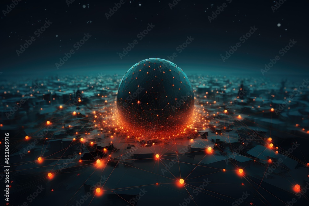 Round planet and scattered luminous sources in the picture technology background - obrazy, fototapety, plakaty 