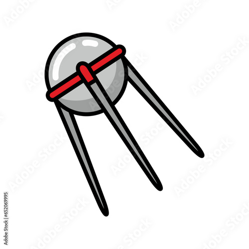 Sputnik. Isolated vector colorful illustration of cartoon space satellite on white background. Galaxy and planet research apparatus. Colored clipart on a cosmos theme.
