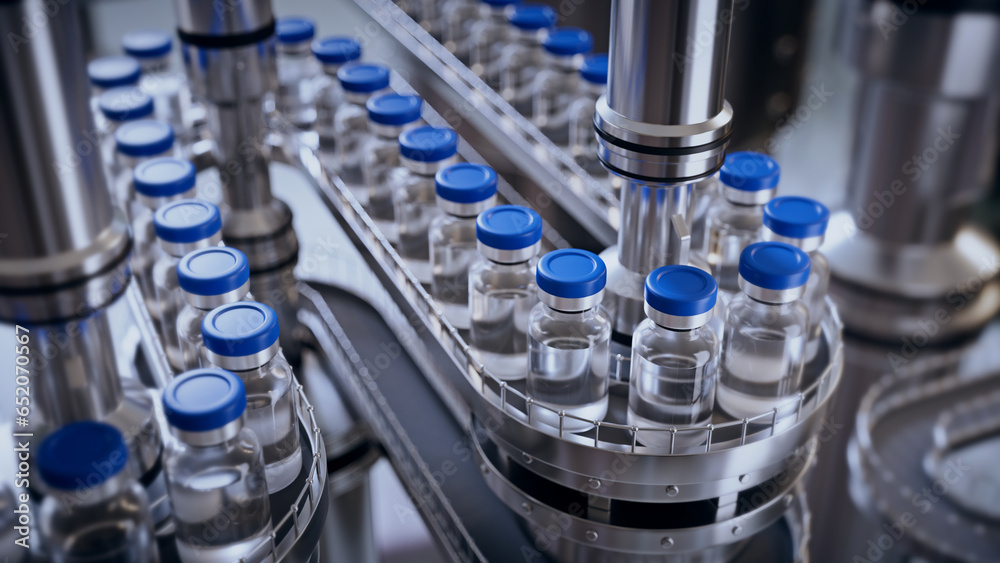 3d render, conveyor with the glass jars, modern pharmaceutical factory. Closeup of ampules are being filled with vaccine and closed with blue caps. Medical wallpaper 3d render, conveyor with the glass jars, modern pharmaceutical factory. Closeup of ampules are being filled with vaccine and closed with blue caps. Medical wallpaper