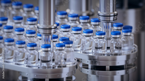 3d render, conveyor with the glass jars, modern pharmaceutical factory. Closeup of ampules are being filled with vaccine and closed with blue caps. Medical wallpaper