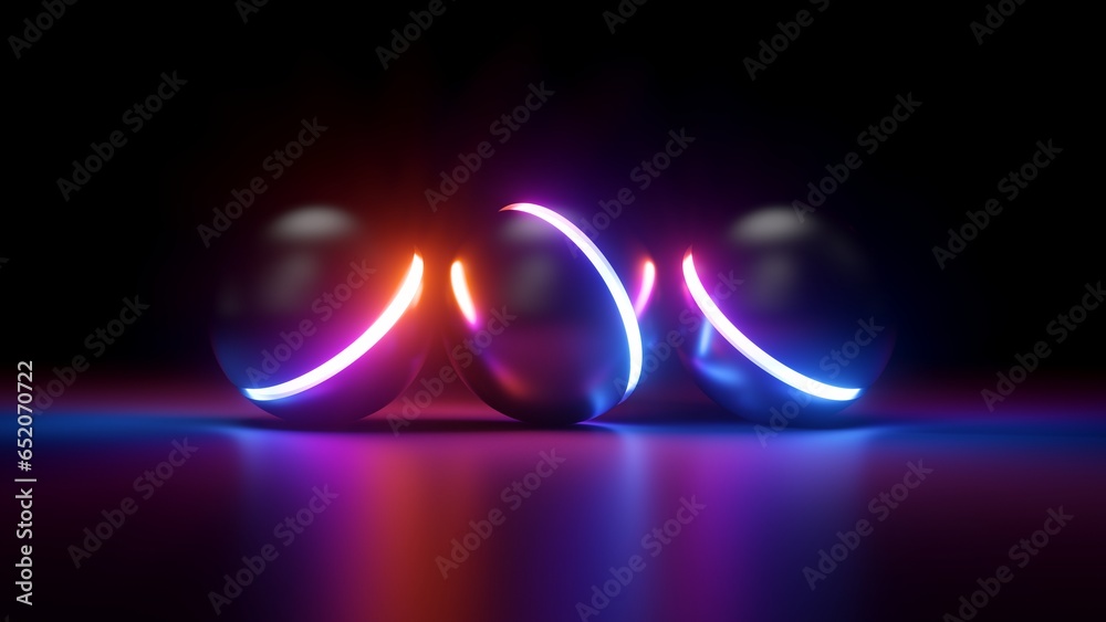 3d render, abstract background in retrofuturism style. Balls with glowing neon lines in dark room, floor reflection. Fantastic wallpaper - obrazy, fototapety, plakaty 