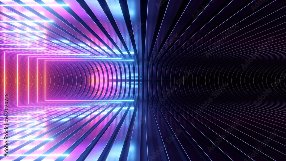 3d render. Abstract futuristic neon background. Empty room inside the virtual space, illuminated with ultraviolet light - obrazy, fototapety, plakaty 