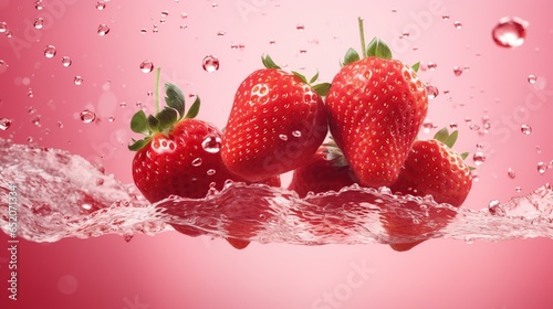 Red strawberry fruit on splashing water pink background. AI generated