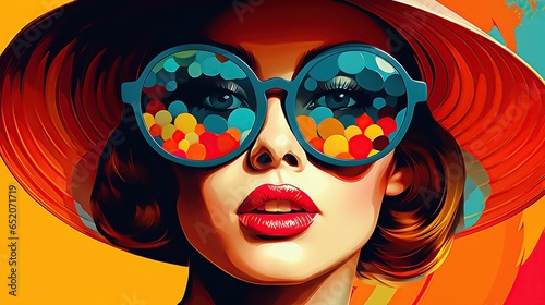 Pretty woman with eyeglasses wear a hat colorful pop art style. AI generated image