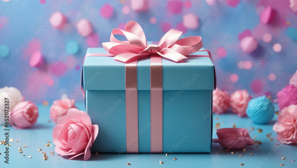 Birthday gift box on blue light background. Backdrop with copy space