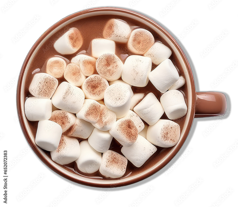 Top view of an isolated mug with cacao and marshmallows on cup with hot chocolate a transparent cutout PNG background. generative AI Top view of an isolated mug with cacao and marshmallows on cup with hot chocolate a transparent cutout PNG background. generative AI