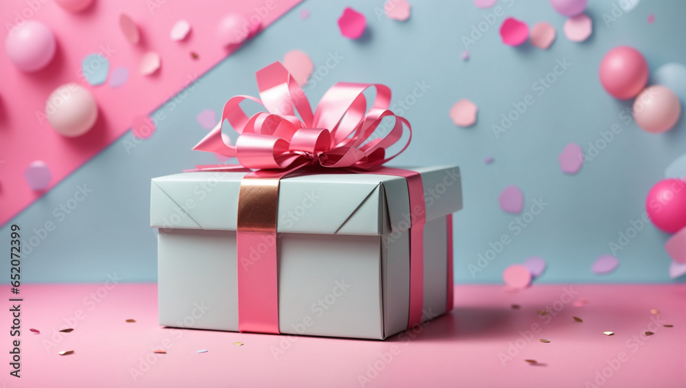 Birthday gift box on blue light background. Backdrop with copy space