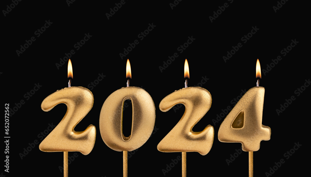 Happy New Year 2024 - Candles in the form of burning numbers on a black background Happy New Year 2024 - Candles in the form of burning numbers on a black background