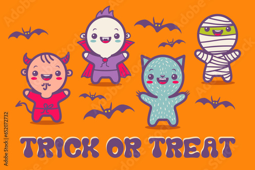 Vector set illustration of children in costumes for Halloween. Illustrations with cute kids in Halloween monsters costumes. Vintage card.