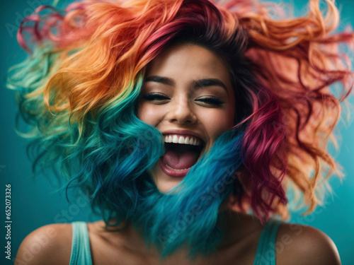 Happy young woman with hair dyed in many colors, laughs and screams with joy.
