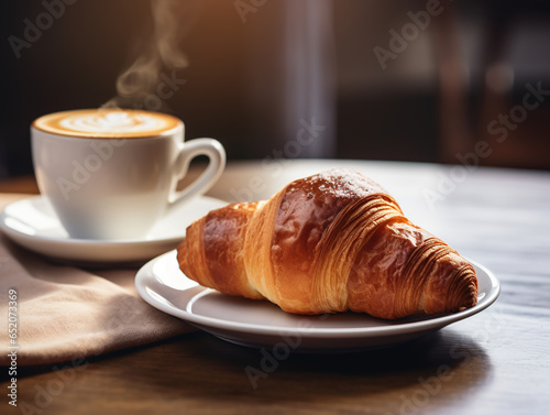Fresh croissant and cappuccino on the table 