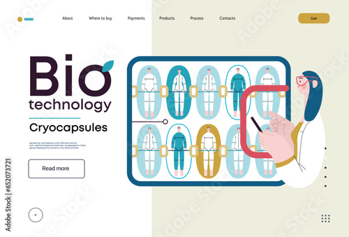 Bio Technology, Cryocapsule Time Freezer -modern flat vector concept illustration of futuristic cryocapsules resembling frozen time vaults. Metaphor of preserving life, time through cryonic technology