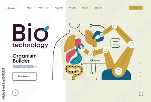 Bio Technology, Organism Builder -modern flat vector concept illustration of robot assembling organism using blocks, parts representing organ systems. Metaphor of regenerative medicine and 3D printing