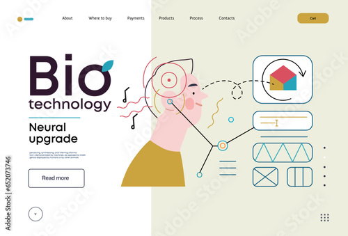 Bio Technology, Brain implant, Neural upgrade -modern flat vector concept illustration of brain implant, integration, enhanced cognitive abilities. Pushing boundaries of potential, neural upgrades