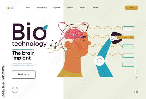 Bio Technology, Brain implant, Neural upgrade -modern flat vector concept illustration of brain implant, integration, enhanced cognitive abilities. Pushing boundaries of potential, neural upgrades
