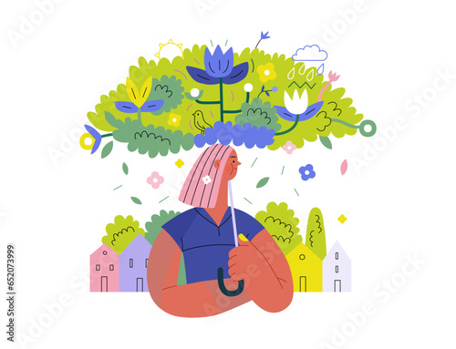 Greenery, ecology -modern flat vector concept illustration of a woman under the green lush umbrella of plants and flowers. Metaphor of environmental sustainability and protection, closeness to nature