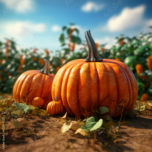 A large orange pumpkin sitting in a pumpkin patch full of plants and other pumpkins