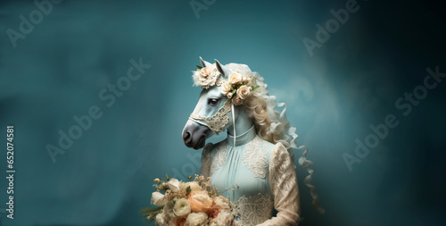 A beautiful white horse wearing women s dress and holding flowers. Wedding day surreal concept. Generative AI
