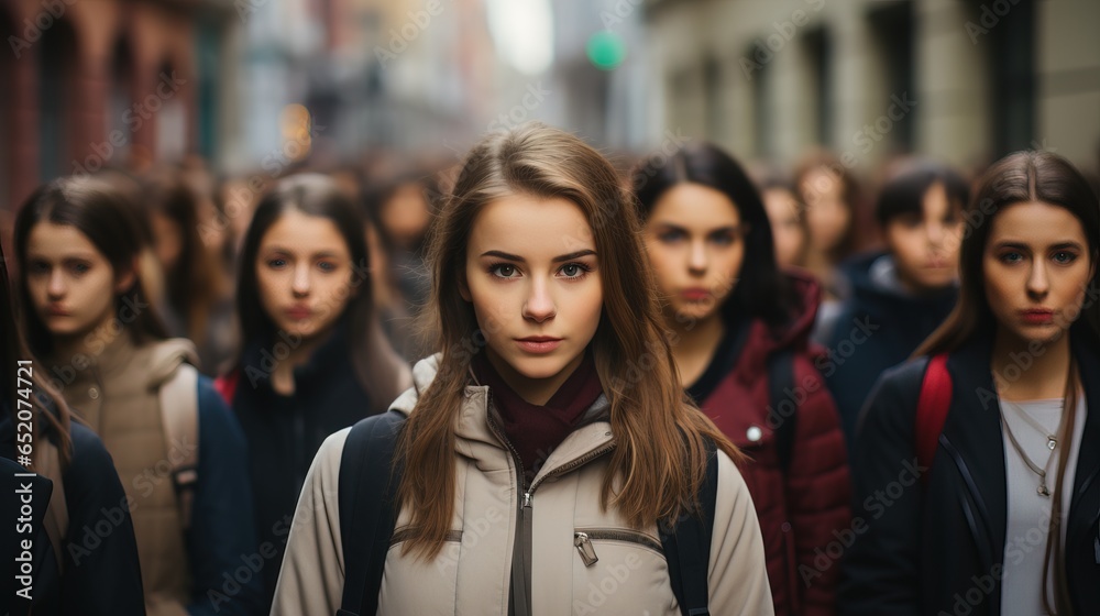 People walking on the street shouting for a purpose.