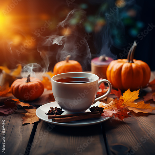 A cup of warm steaming tea on a wood table surrounded by fall themed decorations like pumpkins, autumn leaves, and cinnamon sticks.