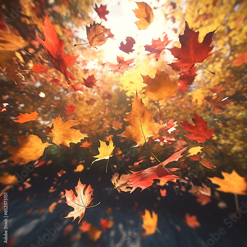 Colorful autumn leaves blowing and falling in the wind below tall colorful trees