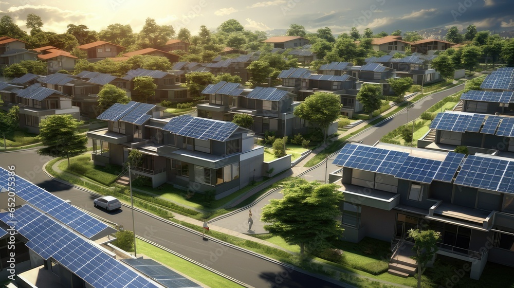 neighborhood full of houses with solar panels on the roof. generative AI neighborhood full of houses with solar panels on the roof. generative AI