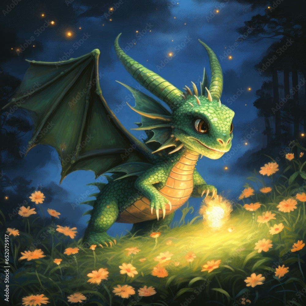 Fototapeta premium Cute happy mischievous young green dragon, fantasy illustration, playful, outdoors, forest setting. Generative AI.