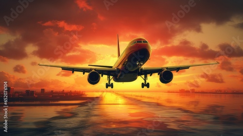 Large passenger airplane flying into the sunset. generative AI