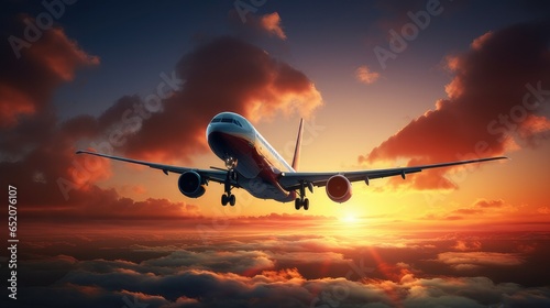 Large passenger airplane flying into the sunset. generative AI