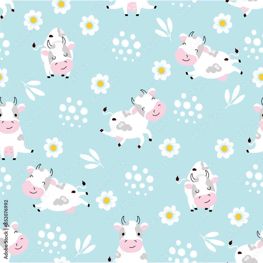 Cow seamless pattern. Cartoon cows fabric print, baby cloth animal design. Positive farm animals and white chamomile. Decorative nowaday vector design