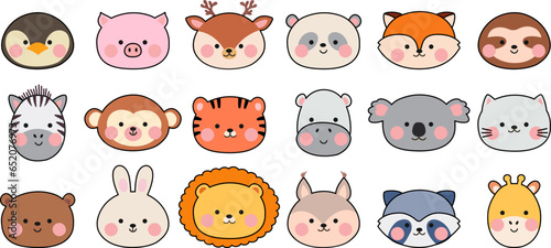 Kawaii faces animal avatars. Cute animals icons, zoo asian style cartoon characters. Funny chinese or korean stickers nowaday vector set