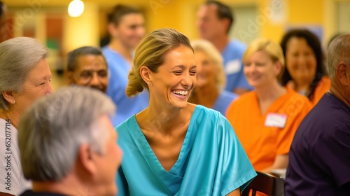 A diverse group of individuals, therapists, and patients celebrate stages of recovery in a medical setting.