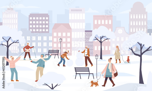 Active people in winter park. Teenager crowd walking, playing snowball. Family activity in snowy frozen day in city, sledding and skiing. Snugly vector scene