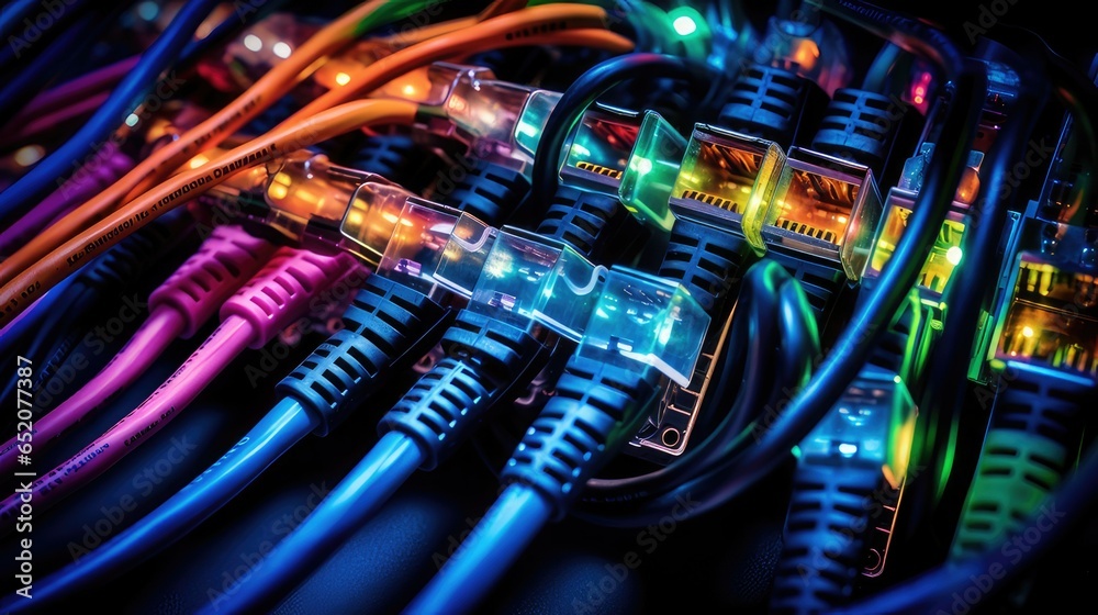 Wires and cables connecting a realistic network of computer hardware. generative AI