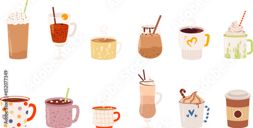 Isolated winter hot drinks. Chocolate latte and warm coffee with cinnamon sticks. Holidays drink in mug and cup. Cocoa and tea snugly vector clipart